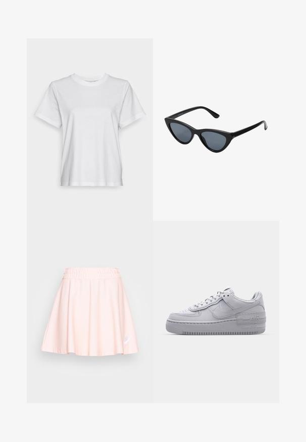 T-shirt en coton blanc à manches courtes, col rond et coupe décontractée. Texture lisse, sans motifs ni graphiques, design basique.; Nike Sportswear AIR SKIRT - Minijupe - atmosphere/white; Basket en cuir lisse gris Nike Air Force 1 avec un bout perforé, une semelle épaisse et un détail 'AIR' en relief sur le talon.; Lunettes de soleil noires en forme d'œil de chat avec des verres gris foncé, monture en plastique élégante, coins pointus et branches droites. Pas de métal visible ni d'accents.