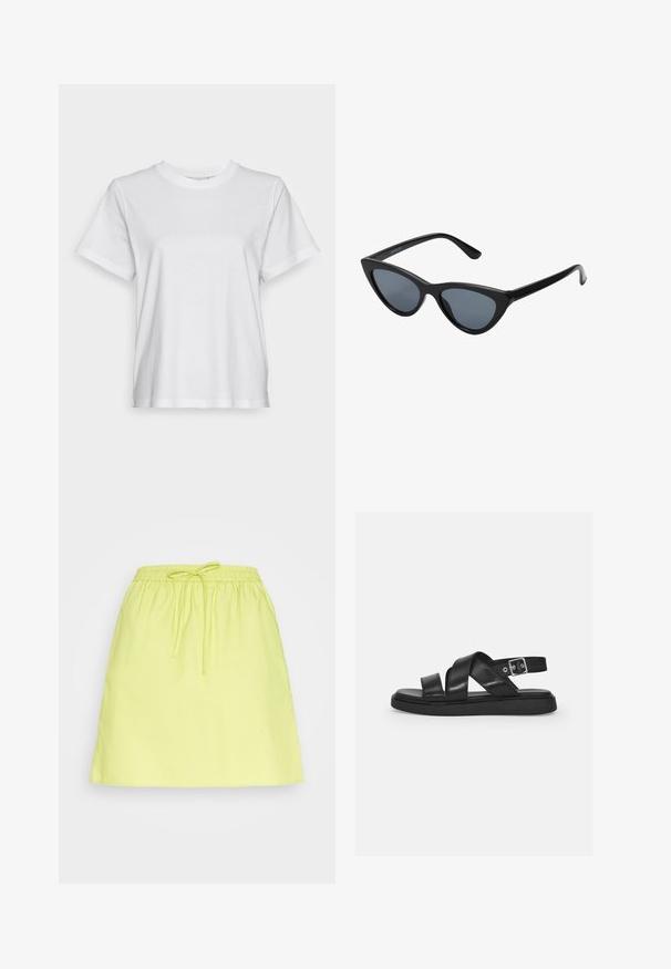 Witte katoenen t-shirt met korte mouwen, ronde hals en een ontspannen pasvorm. Soepele textuur, zonder patroontjes of graphics, basisontwerp.; Samsøe Samsøe LUA SKIRT - Minirok - acid green; Zwarte leren sandalen met gekruiste banden, verstelbare enkelgesp, platte zool en minimalistisch ontwerp. Zachte textuur met matte afwerking.; Zwarte cat-eye zonnebril met donkergrijze lenzen, slank plastic frame, puntige hoeken en rechte pootjes. Geen zichtbare hardware of accenten.