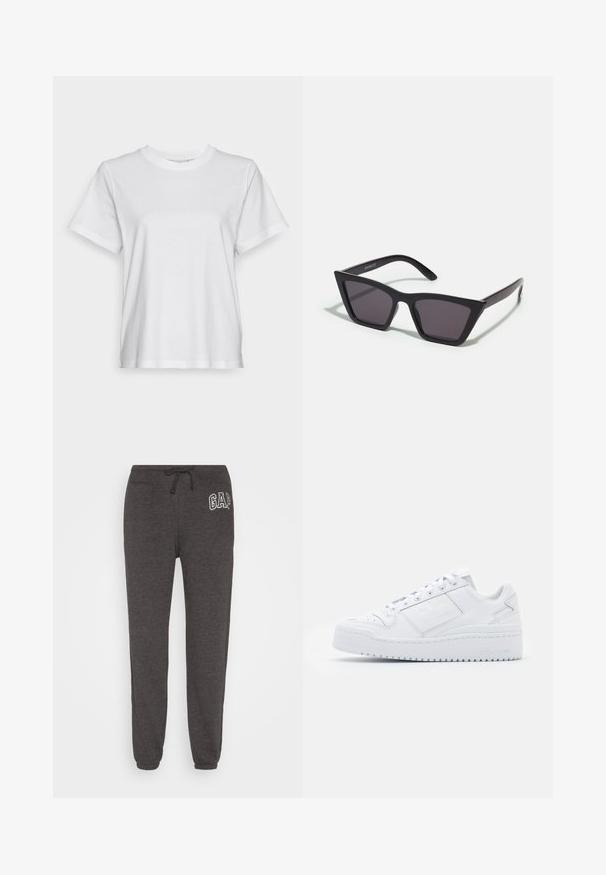 Hvid bomulds T-shirt med korte ærmer, rund hals og en afslappet pasform. Glat tekstur, uden mønstre eller grafik, enkel design.; GAP HERITAGE JOGGER - Træningsbukser - heather charcoal; Hvide lædersneakers med en glat overflade, rund tå, lavsnit, snørebånd og en platformsolet, der har diskret branding på siden.; Sorte, kantede solbriller med grå linser; lavet af plast, med tykke stænger med en glat overflade og ingen synlig hardware.