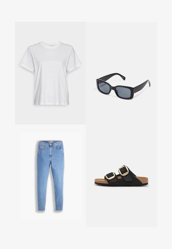 Hvid bomulds T-shirt med korte ærmer, rund hals og en afslappet pasform. Glat tekstur, uden mønstre eller grafik, enkel design.; Lyseblå high-waist slim-fit jeans med for- og baglommer, knaplukning og bæltestropper på en hvid baggrund.; Sorte ruskind slide sandaler med to brede stropper, hver med en stor guldspænde og en naturlig kork sål med en tekstureret gummisål.; Sorte rektangulære solbriller med mørkt tonede linser, tyk plastramme og brede stænger. Glat overflade og kantet design.