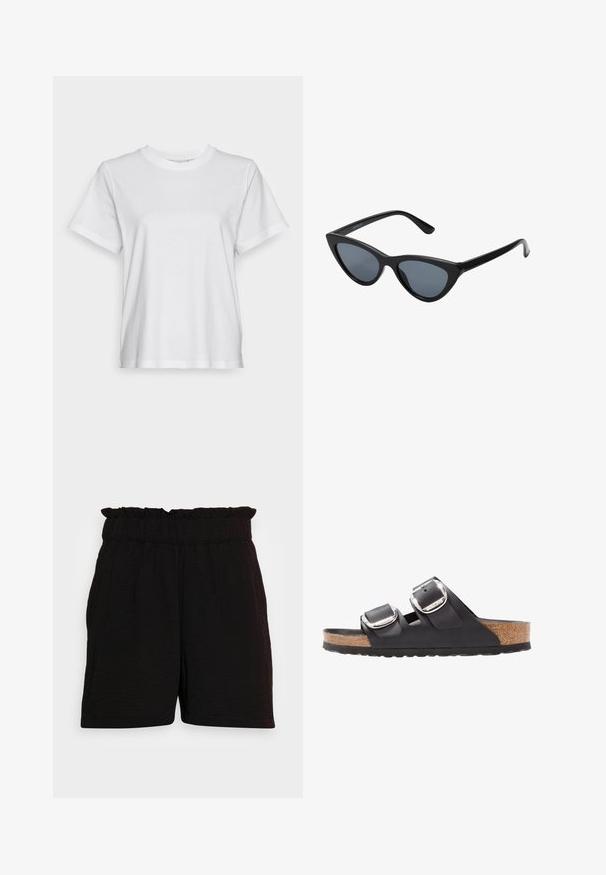 Weißes Baumwoll-T-Shirt mit kurzen Ärmeln, Rundhalsausschnitt und lässigem Schnitt. Glatte Textur, keine Muster oder Grafiken, einfaches Design.; Schwarze Shorts mit einem elastischen Bund und Rüschendetails, aus einem strukturierten Stoff gefertigt, mit seitlichen Taschen und einer lockeren Passform.; Schwarze Sandale mit zwei verstellbaren Riemen, silbernen Schnallen und einem Korkfußbett auf einer strukturierten schwarzen Gummisohle.; Schwarze Cat-Eye-Sonnenbrille mit dunkelgrauen Gläsern, schlankem Kunststoffrahmen, spitzen Ecken und geraden Bügeln. Keine sichtbaren Befestigungen oder Akzente.