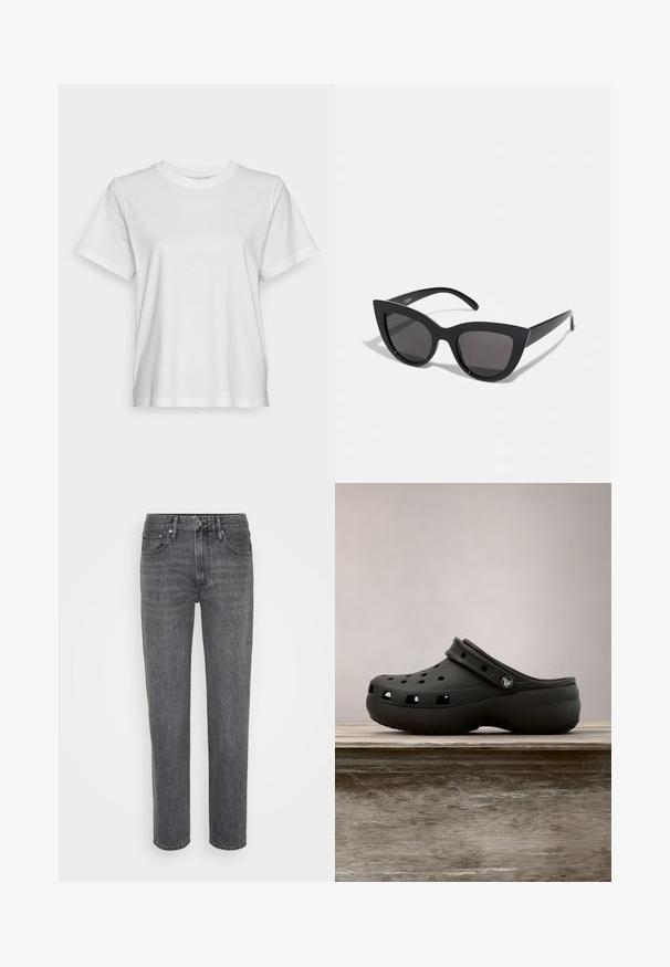 Hvid bomulds T-shirt med korte ærmer, rund hals og en afslappet pasform. Glat tekstur, uden mønstre eller grafik, enkel design.; Sorte denim jeans med lige ben, klassisk fem-lomme design og knaplukning med subtile falme- og syningsdetaljer.; Sort gummiklæde med ventilationshuller, hævet hæl, rygrem og tekstureret sål. Glat overflade med et minimalistisk design.; Sorte cat-eye solbriller med mat finish, der har grå tonede linser, skarpe vinkler og slanke sidearme. Mærkenavnet er synligt på den indre arm.