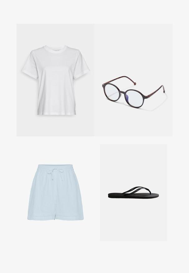 T-shirt en coton blanc à manches courtes, col rond et coupe décontractée. Texture lisse, sans motifs ni graphiques, design basique.; Shorts en coton bleu clair avec une coupe décontractée, une taille élastique et un cordon de serrage réglable. Fabriqués dans un tissu doux et texturé, avec des coutures latérales.; Sandale tong en caoutchouc noir avec semelle texturée et fines brides en Y sur un fond blanc uni.; Des montures de lunettes en écaille de tortue rondes avec des verres transparents et un subtil reflet de lumière bleue sur un fond blanc.