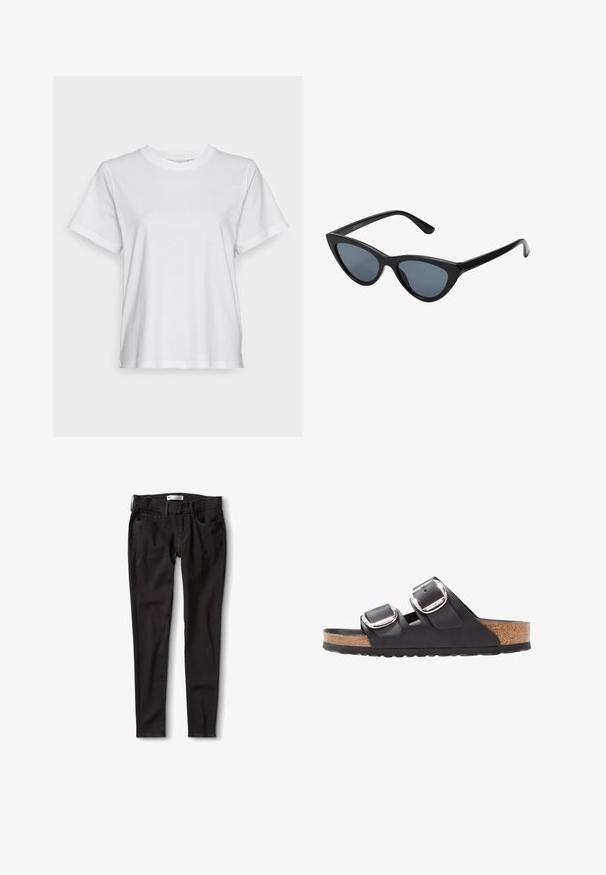 Hvid bomulds T-shirt med korte ærmer, rund hals og en afslappet pasform. Glat tekstur, uden mønstre eller grafik, enkel design.; Sorte denim jeans med lige pasform, der har en standard livkant, bæltestropper og to forlommer. Glat tekstur, minimal hardware.; Sort sandal med to justerbare remme, sølvspænder og en korksål på en struktureret sort gummisål.; Sorte katteøje solbriller med mørkegrå linser, slankt plastisk stel, spidse hjørner og lige stænger. Ingen synlig hardware eller dekorationer.