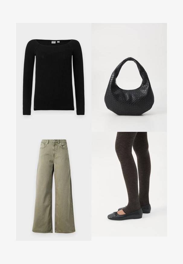 Musthave mustripi pikk käisteta top, millel on ruudukujuline kaelus. Valmistatud tekstuurilisest, venivast kangast. Pakub kitsast sobivust ja veidi kitsenevaid varrukaid.; Kõrgelt taljest, oliivirohelised laiad teksased, millel on ees nupp, tõmblukk ja viie-tasku disain valgel taustal.; Jalad seljas tumedad soonelises soonelises kombines mustade baleriinadega, millel on väikesed paelade detailid valgel taustal.; Must mustratud käekott, millel on kõver käepide, tekstuuriga pind ja lõtv kuju. Sile viimistlus orgaanilise siluetiga.