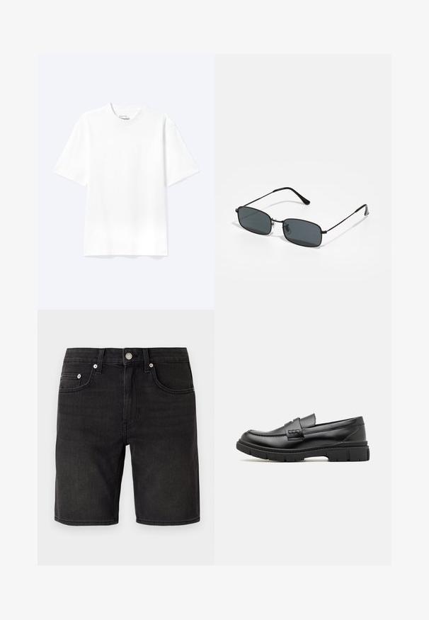 Schlichtes weißes T-Shirt mit kurzen Ärmeln und Rundhalsausschnitt in entspannter Passform, auf hellem Hintergrund dargestellt.; Schwarze Denim-Shorts mit einem klassischen Fünf-Taschen-Design, Metallknopf und dezenten Steppnähten. Glatte Textur, knielanger Schnitt.; Schwarze Lederloafer mit einem breiten Riemen über dem Rist, Gummisohle mit dicken Profilen und glatter Textur. Klassisches, schlankes Design.; Schwarze rechteckige Sonnenbrille mit dünnem Metallrahmen und dunklen Gläsern, die auf einer weißen Oberfläche liegt.