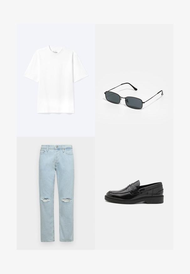 Schlichtes weißes T-Shirt mit kurzen Ärmeln und Rundhalsausschnitt in entspannter Passform, auf hellem Hintergrund dargestellt.; Helle blaue Denim-Jeans mit geradem Schnitt, zwei abgeriebenen Kniepatches und klassischem Fünf-Taschen-Design mit Druckknopfverschluss.; Schwarze Lederloafers mit glatter Oberfläche, abgerundetem Zehenbereich, niedrigem Absatz und dekorativer Naht entlang der Vorderseite. Gummisohle für guten Halt.; Schwarze rechteckige Sonnenbrille mit dünnem Metallrahmen und dunklen Gläsern, die auf einer weißen Oberfläche liegt.