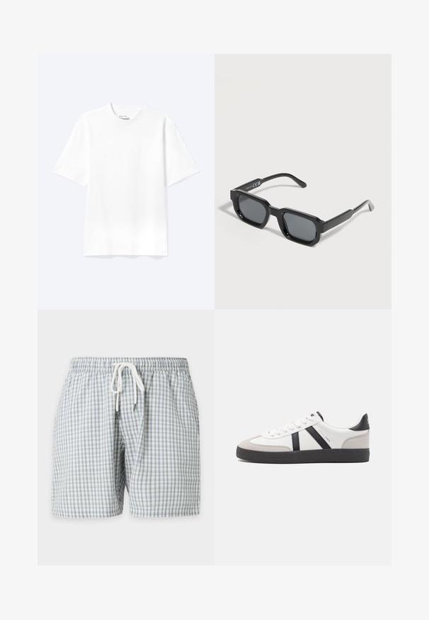 T-shirt blanc uni à manches courtes et col rond avec une coupe décontractée, présenté sur un fond clair.; Shorts pour hommes à carreaux bleu clair et blanc avec taille élastique et cordon blanc à nouer à l'avant.; Baskets blanches avec des accents noirs et gris, présentant un embout texturé gris, une semelle en caoutchouc noir et des lacets plats blancs. Design épuré, style minimaliste.; Lunettes de soleil rectangulaires noires avec des montures épaisses et des verres teintés foncés, inclinées sur un fond blanc.