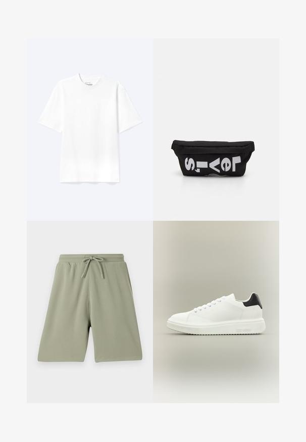 Schlichtes weißes T-Shirt mit kurzen Ärmeln und Rundhalsausschnitt in entspannter Passform, auf hellem Hintergrund dargestellt.; Hellgrüne Shorts aus einem strukturierten Stoff mit einem elastischen Bund und Kordelzug. Gerade geschnitten und knielang.; Weißer Low-Top-Sneaker mit dicker Sohle, Schnürung vorne und schwarzer Fersenschlaufe, mit "Steve Madden" an der seitlichen Sohle gebrandet.; Schwarze Stofftasche mit flacher Form, mit fettgedrucktem weißen Text. Der Reißverschluss befindet sich oben, mit einer Schlaufe an einer Seite.