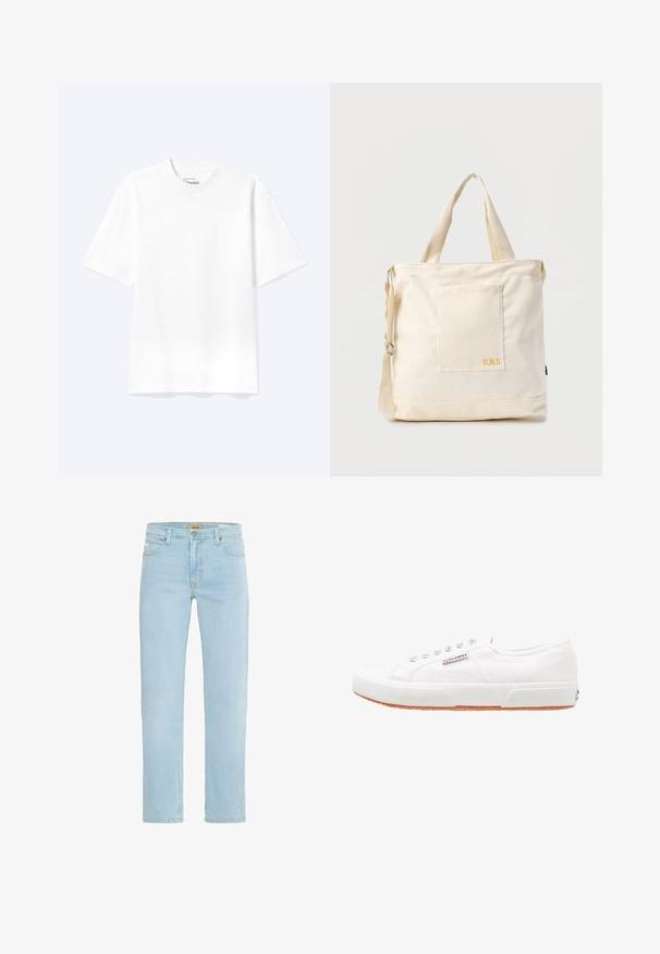 Schlichtes weißes T-Shirt mit kurzen Ärmeln und Rundhalsausschnitt in entspannter Passform, auf hellem Hintergrund dargestellt.; Hellblaue Denim-Jeans mit geradem Schnitt, traditionellem Fünf-Taschen-Design sowie einem Messingknopf und Reißverschlussverschluss vorne.; Weiße Leinensneaker mit Gummisohle, Schnürdesign und einem kleinen Logolabel an der Seite. Strukturierte weiße Oberseite und braune Außensohle.; Beige Canvas-Shopper mit Fronttasche, zwei Griffen, verstellbarem Schulterriemen und kleinem gelbem "O.N.S"-Text unten rechts auf der Tasche.