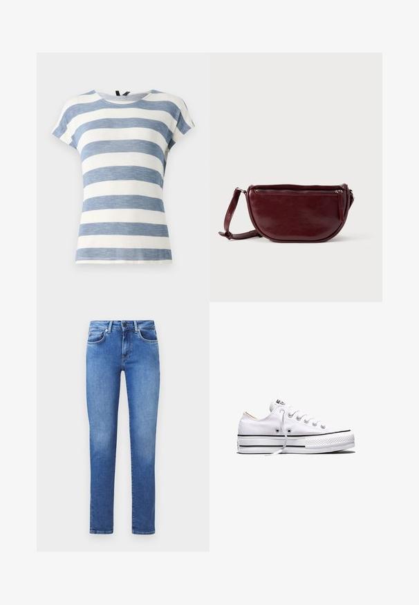 Gestreept T-shirt in lichtblauw en wit, met korte mouwen, een ronde halslijn en een zachte, licht gestructureerde stof.; Blauwe denim jeans met een rechte snit, vijf zakken en een knoopsluiting. De stof heeft een gladde textuur met een lichte vervaging.; Witte lage canvas sneaker met witte veters, zwarte strepen op de zool en een rubberen, getextureerde neuskap, zijaanzicht op een witte achtergrond.; Dieprode lederen handtas met een halve-maansvorm, een ritssluiting en een afneembare riem. Gladde textuur met een subtiele glans.