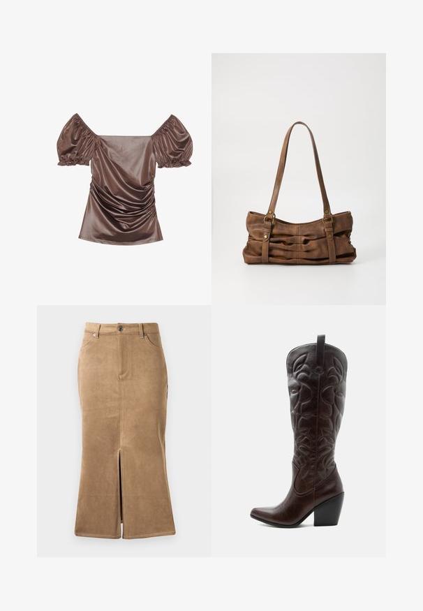 Brun satin off-shoulder top med puffærmer, rynket detaljer foran og en glat tekstur. Elastiske manchetter ved ærmeenderne.; Brun ruskind midi-skirt med slids foran, kontrasterende syninger og fem-lomme design. Glat tekstur og tætsiddende facon.; Høj mørkebrun læder cowboystøvle med syede dekorative mønstre, spids tå og stablet blokhæle.; Even&Odd Håndtasker - brown