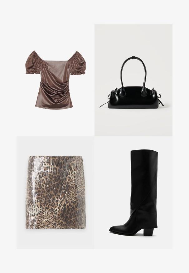 Top en satin marron à épaules dénudées avec des manches bouffantes, des détails froncés à l'avant et une texture lisse. Poignets élastiques aux extrémités des manches.; Jupe courte en motif léopard fabriquée dans un tissu texturé, ornée de paillettes argentées qui mettent en valeur le motif animal, avec une silhouette ajustée.; Botte haute en cuir noir avec couture inclinée, bout pointu et talon épais de taille moyenne sur fond blanc.; Petit sac à main noir brillant avec deux longues anses et des détails à cordon sur les côtés sur un fond clair uni.