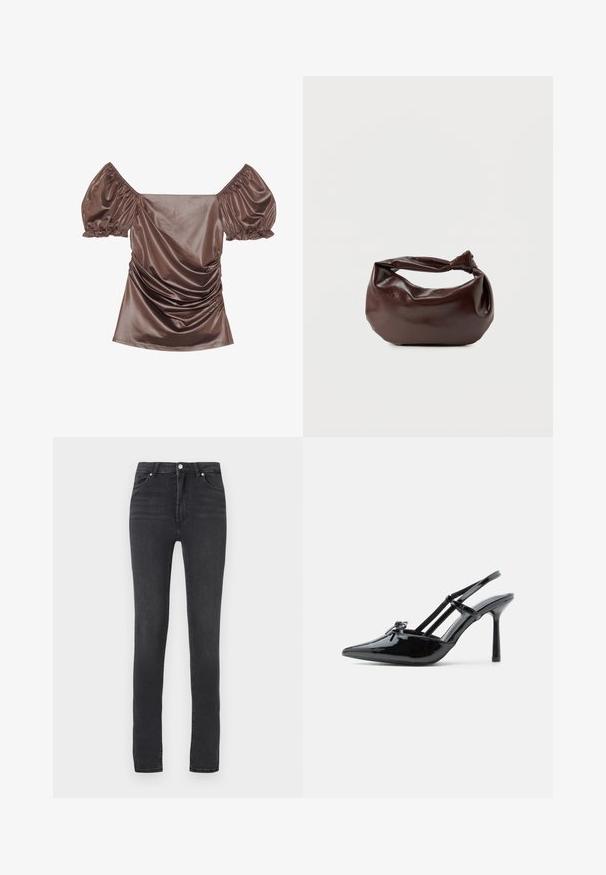 Top en satin marron à épaules dénudées avec des manches bouffantes, des détails froncés à l'avant et une texture lisse. Poignets élastiques aux extrémités des manches.; Jeans skinny noirs taille haute, en denim extensible, avec passants de ceinture, coutures minimales et un design classique à cinq poches.; Chaussure slingback à talon haut en cuir verni noir, avec bout pointu, talon fin et double brides décoratives sur le cou-de-pied.; Sac bandoulière en cuir marron foncé avec une forme souple et décontractée et une anse nouée torsadée sur un fond blanc uni.