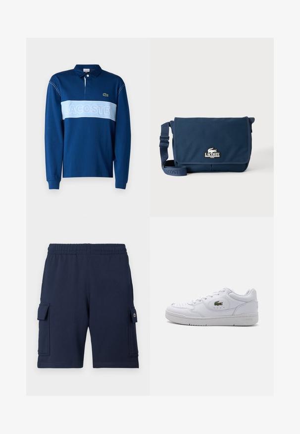 Marineblaues langärmeliges Polohemd mit einem hellblauen horizontalen Streifen, auf dem der Text "LACOSTE" steht, aus weichem Stoff und mit einem Kragen, der drei Knöpfe hat.; Marineblaue Cargo-Shorts aus weichem Stoff, mit einem elastischen Bund, zwei Seitentaschen und einem kleinen Logoakzent auf der linken Tasche.; Weiße Ledersneaker mit perforierter Zehenpartie und einem grünen Krokodil-Logo an der Außenseite. Sie verfügen über eine flache Sohle und ein Schnürdesign.; Marineblaue Lacoste Messenger-Tasche mit verstellbarem Riemen und Logo-Patch auf der Vorderklappe, vor einem schlichten hellen Hintergrund.
