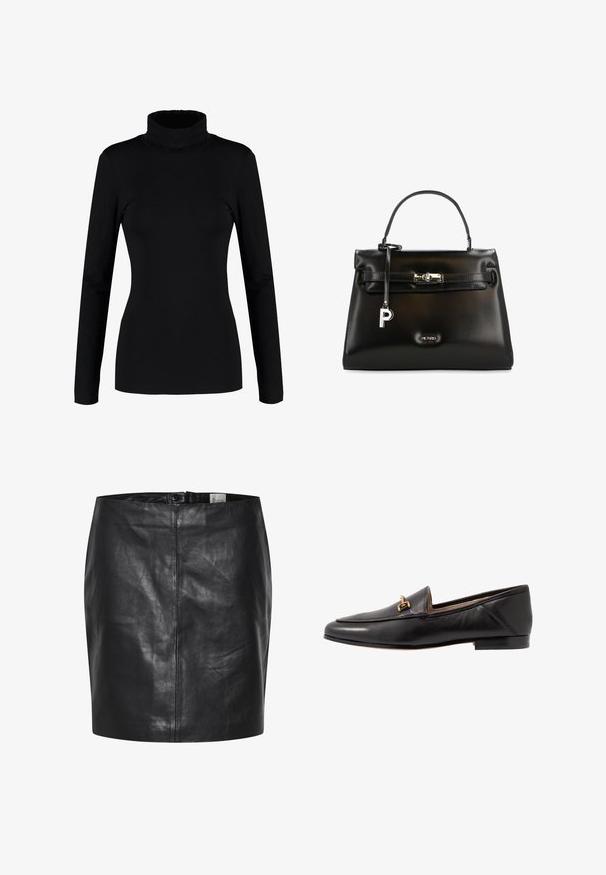 Haut à col roulé noir à manches longues, fabriqué en tissu doux et extensible, avec une coupe ajustée et un col haut. Pas de motifs ni d'ornements.; Jupe en cuir noir avec une texture lisse, taille haute et fermeture à bouton à l'avant. Présente une silhouette épurée et minimaliste. Sans motifs ni accents.; Mocassin en cuir noir avec un talon plat, un bout pointu et un accent doré sur le devant. Texture lisse avec des détails de couture minimaux.; Sac à main en cuir noir avec poignée supérieure, fermoir tournant argenté et pendentif argenté en forme de "P" suspendu sur la sangle avant.