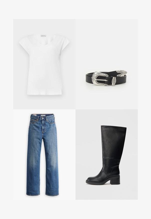 Weiße Bluse mit kurzen Ärmeln, rundem Ausschnitt und kleinem Markenetikett nahe dem Kragen.; Hellblaue Jeans aus Denim mit hoher Taille, weitem Bein, klassischem Fünf-Taschen-Design und subtilen Verwaschungen im Stoff.; Schwarze Lederstiefel bis zum Knie mit runder Zehenform, Blockabsatz und strukturierter Oberfläche. Einfaches Design, verstärkte Nähte, keine sichtbaren Beschläge.; Schwarzer Ledergürtel mit einer großen silbernen Metallschnalle, die über feine Verzierungen und dekorative Akzente an beiden Enden verfügt.