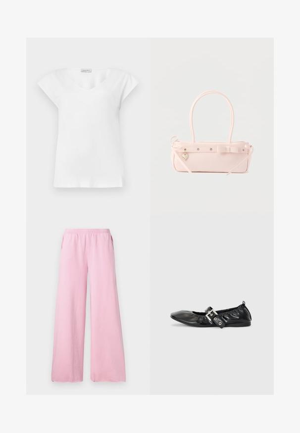 Blouse blanche à manches courtes avec un col rond et une petite étiquette de marque près du col.; Pantalons large rose en tissu doux avec une taille élastique et des poches latérales. Présente une coupe droite et fluide.; Chaussure plate en cuir noir avec un nez pointu, des détails froncés autour de l'ouverture et un accent en boucle argentée sur la bride ajustable.; Sac à main rectangulaire rose pâle avec double poignée, nœud décoratif, œillets métalliques et petit charm en forme de cœur sur un fond uni.