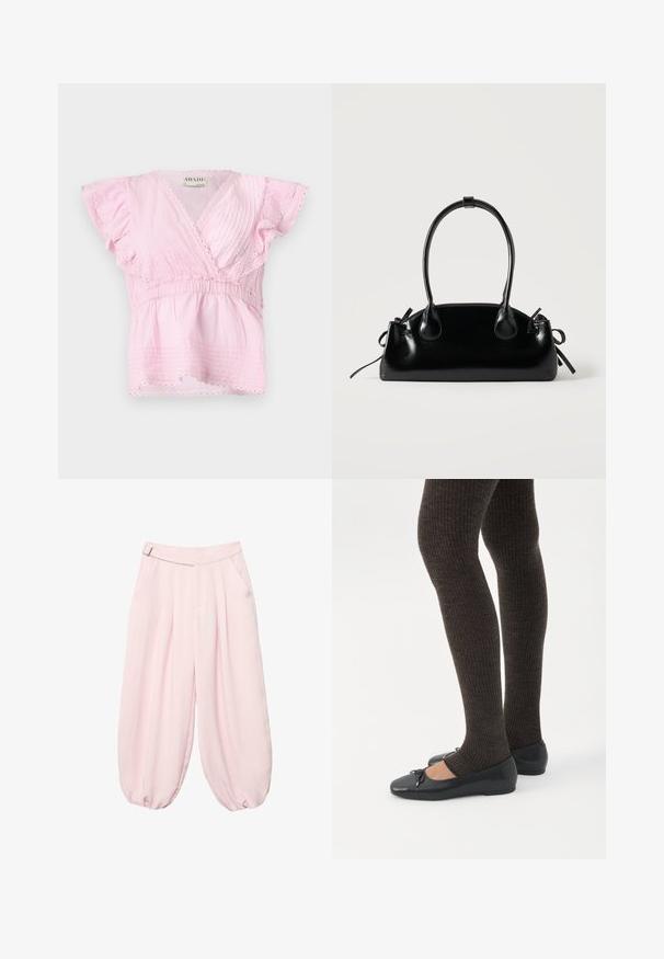 Haut rose à manches courtes avec un design croisé, des plis texturés et une dentelle le long du décolleté et des manches. Taille élastiquée pour un bon ajustement.; Pantalon large rose pâle avec plis, poches latérales, détail boucle à la ceinture et bas resserrés.; Jambes portant des leggings côtelés foncés associés à des ballerines noires avec de petits détails en nœud sur fond blanc.; Petit sac à main noir brillant avec deux longues anses et des détails à cordon sur les côtés sur un fond clair uni.