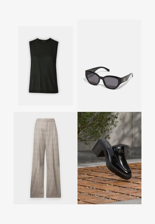 Débardeur noir sans manches en tissu doux avec un col rond et une coupe décontractée. Design simple sans motifs ni accessoires visibles.; Pantalons larges gris clair avec un subtil motif pied de poule, des plis, des passants de ceinture et une texture lisse.; Mule slip-on en cuir noir Calvin Klein avec talon bloc reposant sur des carreaux en bois à l'extérieur près d'une plante verte et d'un mur gris.; Lunettes de soleil noires au design lisse et angulaire, avec des verres foncés et un logo en argent contrastant sur le côté. Texture en plastique lisse.