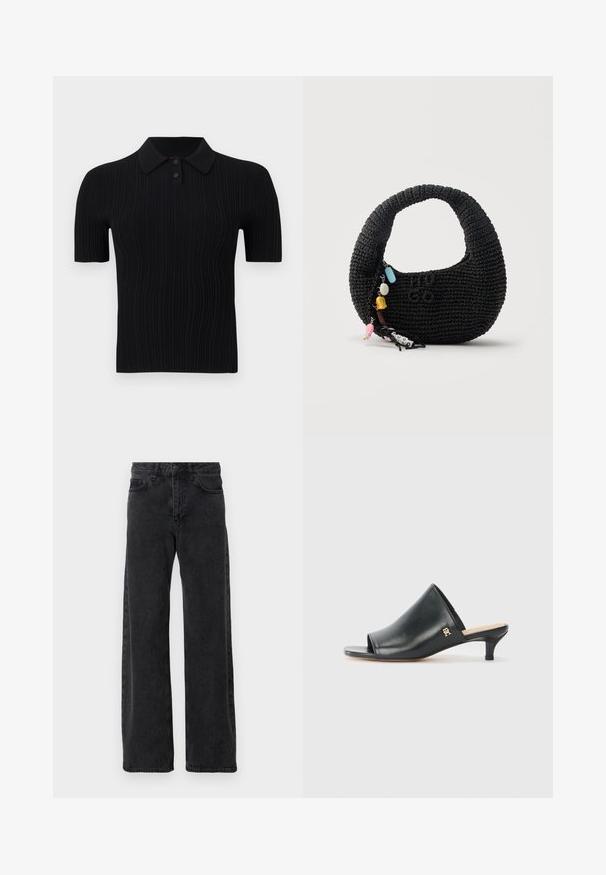 Sort ribstrikket poloshirt med korte ærmer, to knapper og en flad krave, vist på en neutral baggrund.; Sorte denimjeans med bred ben-design, der har en klassisk fem-lomme stil, knaplukning og diskret falmning.; Sorte læder open-toe mules med en lav hæl. Har en glat overflade og et guld logo-prim på siden.; Sort hæklet håndtaske med rund håndtag, "HUGO" broderet foran og farverig nøglering med perler og bogstaver.