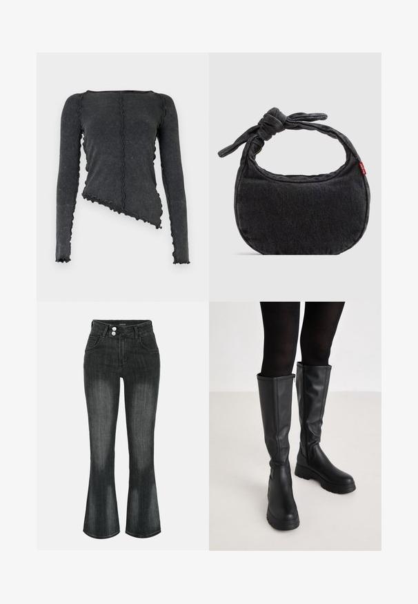 Mørkegrå top med lange ærmer og asymmetrisk kant, bølgede syninger, der løber vertikalt og langs kanterne, lavet af tekstureret stof.; Sort vasket denim jeans med høj talje, dobbelt knaplukning, forlommer og let udvidede ben.; Even&Odd by Zalando Plateaustøvler - black; Lille sort denim skuldertaske med knyttet rem og lynlåslukning, med en rød Levi's stofetiket på siden.