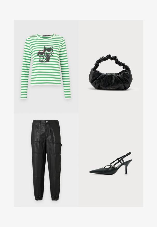 Groen en wit gestreepte blouse met lange mouwen, featuring een graphic van een personage en een kat, beiden met een zonnebril, met een ronde halslijn.; Zwarte leren broek met een elastische tailleband, taps toelopende manchetten en meerdere zakken. De stof heeft een licht glanzende afwerking.; Zwarte leren slingback met puntige neus, dunne bandjes en een kleine zilveren siergesp aan de zijkant.; Zwarte gestructureerde leren handtas met samengevouwen elastisch handvat en subtiel "Karl Lagerfeld Jeans" logo aan de voorzijde onderaan in het midden.