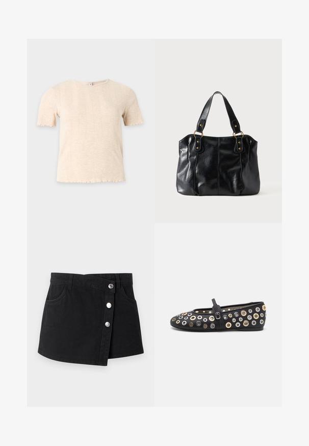 Haut tricoté beige à manches courtes avec col rond et motif côtelé vertical discret, sur fond uni gris clair.; Mini-jupe en denim noir avec rabat asymétrique à l’avant, trois boutons-pression argentés, passants de ceinture et deux poches latérales.; Chaussure plate en cuir noir avec un bout arrondi, ornée d'accents métalliques circulaires en or, argent et bronze. Dispose d'une bride de type Mary Jane.; Sac à épaule en cuir noir avec double anses attachées par des anneaux et rivets dorés, surface lisse et légèrement brillante, design simple.