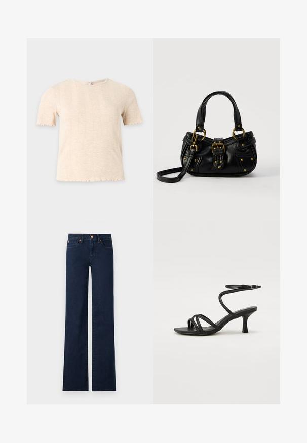 Haut tricoté beige à manches courtes avec col rond et motif côtelé vertical discret, sur fond uni gris clair.; Jean en denim bleu foncé taille haute, jambes larges et droites, poches avant et détails de rivets en cuivre sur fond blanc.; Even&Odd Wide Fit by Zalando Sandales - black; Sac à main en cuir noir avec boucle dorée et détails à rivets, poignées courtes et bandoulière réglable sur fond blanc uni.