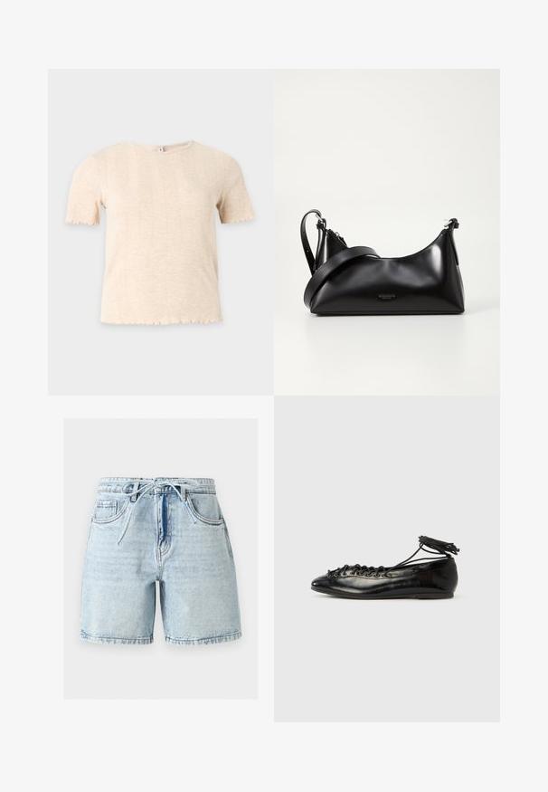 Haut tricoté beige à manches courtes avec col rond et motif côtelé vertical discret, sur fond uni gris clair.; Short en jean bleu clair avec une ceinture à nouer devant, des poches latérales et une poche monnaie, et une coupe taille haute sur fond uni.; Ballerines en cuir verni noir avec un bout rond, un design à lacets et une semelle plate. Texture lisse avec peu de détails.; Sac à main en cuir noir avec une texture lisse. Dispose d'une bandoulière adjustable et d'un design élégant et minimaliste avec une fermeture éclair.