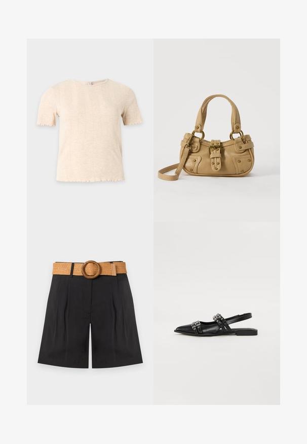 Haut tricoté beige à manches courtes avec col rond et motif côtelé vertical discret, sur fond uni gris clair.; Short noir taille haute avec plis à l'avant et une large ceinture tissée de couleur fauve avec une grande boucle ronde en bois.; Even&Odd by Zalando Ballerines à brides arrière - black; Sac à main en cuir beige avec double poignées, boucle en laiton et détails rivetés, ainsi qu'une bandoulière réglable sur fond blanc.
