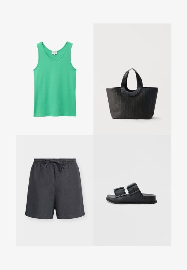 Grøn ribbet ærmeløs tanktop med rund halsudskæring og lille hvid etiket på bagsiden inde i kraven.; Mørkegrå linnedshorts med elastisk linning og justerbar snøre, midt på låret længde, ensfarvet design, vist på hvid baggrund.; Sorte klipklappere lavet af tekstureret materiale med to justerbare remme med spænder. Flad sål med et mønstrede dæk for godt greb.; Sort tekstureret totetaske med brede rundede håndtag med præget brandnavn "Samsøe Samsøe" på neutral baggrund.