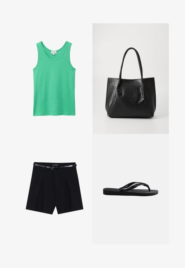 Groen geribd mouwloos tanktopje met een ronde hals en een klein wit label aan de achterkant binnen in de kraag.; Zwarte op maat gemaakte shorts met plooien, voorzien van een slanke zwarte riem met een gouden gesp. Gemaakt van een soepele stof, die een verfijnde uitstraling biedt.; Zwarte rubberen teenslipper met gestructureerd voetbed en een glad Y-vormig bandje op een effen lichte achtergrond.; Zwarte geweven lederen totebag met twee handvaten, gestructureerde vorm en subtiele glanzende afwerking, tegen een eenvoudige lichte achtergrond.