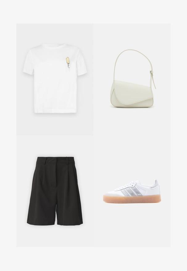 Hvid bomulds t-shirt med korte ærmer, der har et minimalistisk, broderet gul isbjørn-graphic på venstre brystområde.; Sorte shorts med et skræddersyet design, der har læg foran, en bred talje, og en glat overflade. Ingen synlige lommer.; Hvid lavtop-sneaker med gum-gummisål, sølvstribede sideaccents og snørelukning, vist mod en ensfarvet lys baggrund.; Hvid taske i faux læder med en struktureret trekantet form, enkelt justerbart skulderstrop og en flaplås med kurver.