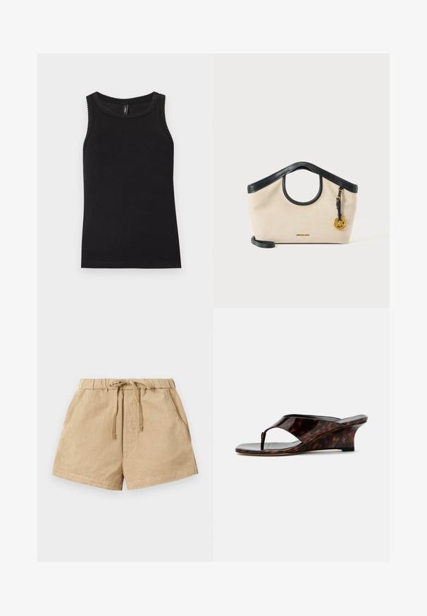 Sort ærmeløs ribstrikket tanktop med rund halsudskæring og bølget kant ved ærmegab og krave.; Khaki shorts lavet af blødt stof, med en elastisk talje og snøre, to sidelommer og en afslappet pasform.; Dame kilehælssandal med skildpaddemønster, åben tå og T-rem, vist fra siden på hvid baggrund.; Beige stofhåndtaske med sort læderkant, cirkulært håndtag-udskæring, sort rem og gylden rund MK-logo vedhæng på højre side.
