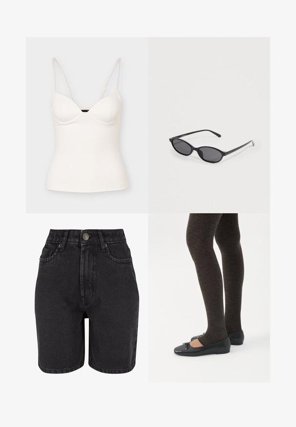 Hvid figursyet ærmeløs camisole-top med tynde, justerbare spaghetti-stropper og en let sweetheart-udskæring.; Sorte denimshorts med høj talje, fem-lomme design og metalknaplukning. Stoffet har en glat tekstur med let fading.; Ben iført mørke ribbede leggings kombineret med sorte balletsko med små sløjfedetaljer på hvid baggrund.; Sorte solbriller med ovalt stel, mørketonede linser, slanke stænger og diskret mærkenavn på indersiden af venstre brilleglas.