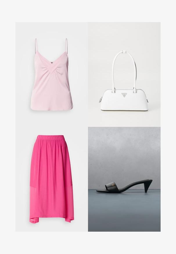 Lys pink ærmeløs top med V-hals og samlet detalje foran. Lavet af glat stof med tynde skulderstropper og en rund kant.; Lyserød midiskørt med elastisk talje, der har et lagdelt design og gennemsigtige detaljer, hvilket skaber en svævende silhuet og blød tekstur.; Sort læder åben-toe sandal med hæl og guld logo på remmen, der svæver over en flisebelagt udendørs overflade med grønne planter i baggrunden.; Hvid lædertaske med en buet form, der har et sølvtrapezlogo og lynlåslukning. Glat tekstur og dobbelthåndtag.