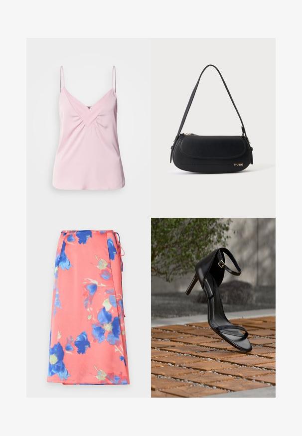 Lys pink ærmeløs top med V-hals og samlet detalje foran. Lavet af glat stof med tynde skulderstropper og en rund kant.; Blomster midi-nederdel i koralfarvet med blå og grønne mønstre. Lavet af let stof, med bånddetalje og sideslids.; Sort højhælet sandal med ankelsnor, der ser ud til at svæve over et trægulv udendørs med sløret grønt og sten i baggrunden.; Sort skuldertaske i læder med buet klap, guld "HUGO" logo på forsiden og enkelt justerbar strop.