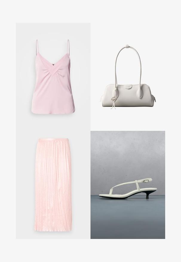 Haut sans manches rose clair avec un col en V et un détail froncé à l'avant. Fabriqué en tissu lisse avec des bretelles fines et un ourlet arrondi.; Jupe midi plissée en rose doux, avec une texture lisse et une taille élastique. Conçue avec des plis verticaux pour un aspect fluide.; Sandale blanche à talon kitten avec des lanières et un bout pointu, flottant au-dessus d'un sol en carrelage en bois en plein air avec un arrière-plan flou de plante et de mur.; Sac à bandoulière blanc Calvin Klein avec longues poignées, forme rectangulaire, fermeture éclair et charm logo décoratif suspendu près de la poignée.