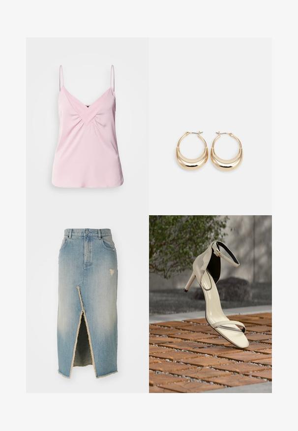 Lys pink ærmeløs top med V-hals og samlet detalje foran. Lavet af glat stof med tynde skulderstropper og en rund kant.; Denim nederdel, lyseblå, midtlængde med frayed kant. Har en frontslids og slidte detaljer nær taljen og kanten.; Beige sandal med høj hæl og ankelrem stående på træsplinter udendørs, med sløret grønt område og betonbaggrund.; Guldtonede hoops øreringe med en halvmåneform, poleret overflade og hængsel-lukning. Den glatte tekstur og den reflekterende finish forbedrer synligheden.