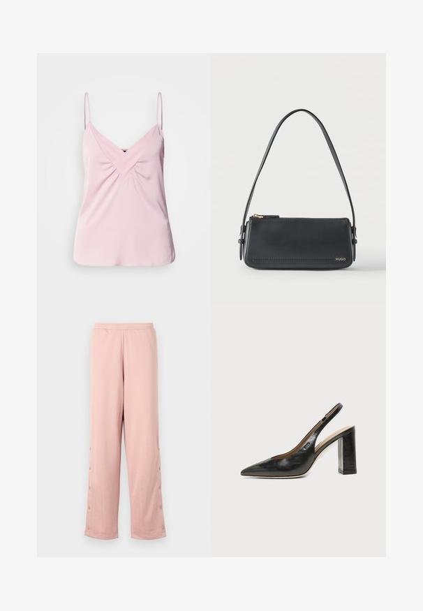Haut sans manches rose clair avec un col en V et un détail froncé à l'avant. Fabriqué en tissu lisse avec des bretelles fines et un ourlet arrondi.; Un pantalon large rose clair en tissu doux, avec un motif en relief subtil et des boutons décoratifs le long de la couture latérale.; Chaussure slingback en cuir noir à bout pointu avec un talon bloc haut et une doublure intérieure beige sur un fond clair uni.; Sac à bandoulière rectangulaire en cuir noir avec fermeture éclair dorée et petit logo "HUGO" doré sur le devant, doté d'une sangle réglable avec boucle.