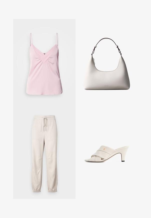 Haut sans manches rose clair avec un col en V et un détail froncé à l'avant. Fabriqué en tissu lisse avec des bretelles fines et un ourlet arrondi.; Pantalons beiges légers avec une taille élastique, des détails à cordon de serrage et des poignets élastiques. Comprend deux poches avant et une texture lisse.; Mules à talons hauts beiges avec un design de bride en cuir torsadé, bout ouvert et motif de logo en relief. Le talon présente un détail d'embout noir.; Sac à bandoulière en cuir couleur crème de Calvin Klein avec bord supérieur incurvé, fermeture éclair argentée et sangle ajustable brun foncé.