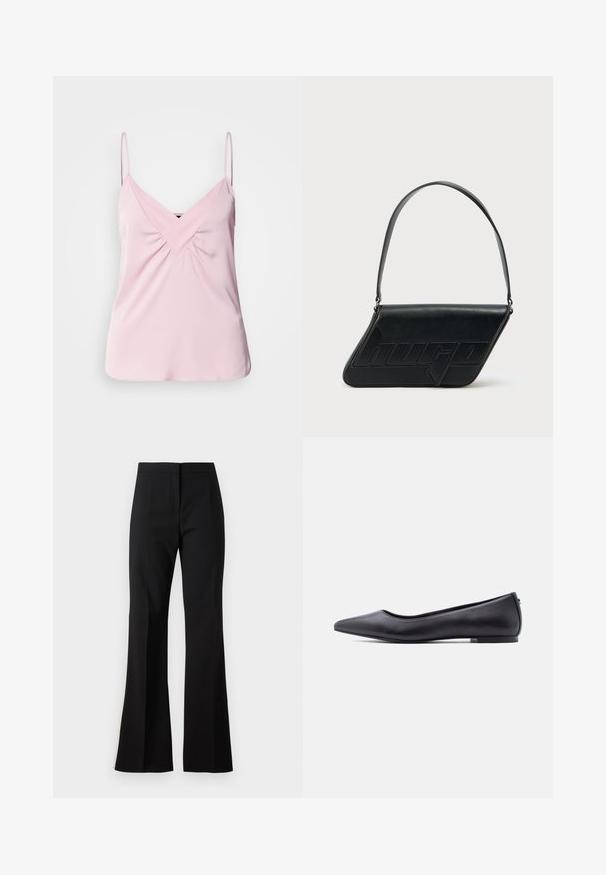 Lys pink ærmeløs top med V-hals og samlet detalje foran. Lavet af glat stof med tynde skulderstropper og en rund kant.; Sorte svingbukser lavet af et glat stof, med højtaljet talje, forreste folder og en ren finish ved sømmene.; Sort flad lædersko med spidst tåparti og lav hæl, vist i sideprofil mod en hvid baggrund.; Sort skuldertaske i læder med trekantet form, præget logo og en enkelt justerbar rem. Minimalistisk design med glat tekstur.
