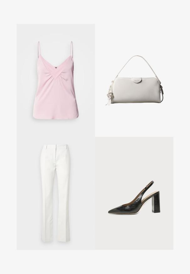 Haut sans manches rose clair avec un col en V et un détail froncé à l'avant. Fabriqué en tissu lisse avec des bretelles fines et un ourlet arrondi.; Pantalons blancs ajustés avec un bas évasé, présentant des plis sur le devant et une texture lisse, fabriqués à partir d'un tissu léger.; Chaussure slingback en cuir noir à bout pointu avec un talon bloc haut et une doublure intérieure beige sur un fond clair uni.; Sac à main rectangulaire blanc Calvin Klein avec une seule poignée, design minimaliste et pampilles décoratives avec un charm métallique géométrique sur le côté.