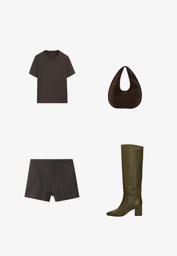 T-shirt à manches courtes marron foncé en coton. Il possède un col rond et une coupe décontractée, sans motifs ni accents visibles.; Shorts noirs cintrés taille haute avec des détails de coutures verticales et une couture centrale avant sur fond blanc.; Bottes en cuir vert olive, hautes, avec un bout pointu et un talon carré, présentant une texture lisse et des détails de couture minimalistes.; Sac à main en daim marron foncé en forme de croissant avec une seule sangle large et une texture lisse sur fond blanc.