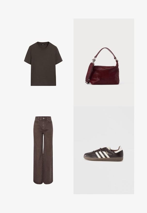 Mørkebrun kortærmet t-shirt lavet af bomuld. Har en rund halsudskæring og en afslappet pasform, uden synlige mønstre eller detaljer.; Brune jeans med vide ben lavet af denim, med høj talje, forlommer og knaplukning. Glat tekstur med sømdetaljer.; Mørkebrune lædersneakers med hvidt tre-stribet design, en gummisål og "Samba" i gyldne bogstaver på siden. Klassisk lavtopform.; Lille rektangulær burgunderfarvet håndtaske med tekstureret finish, kort hank og aftagelig skulderrem på en ensartet lys baggrund.