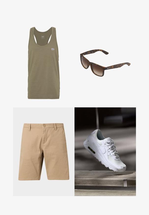Débardeur vert olive en coton doux. Comprend un col rond, un design dos nageur et un petit logo blanc "Lee" sur la poitrine.; Short chino beige longueur genou avec fermeture par bouton et passants pour ceinture, poches avant, présenté sur un fond clair.; Sneaker Nike Air Max 90 blanche avec une tige en mesh et cuir, une boîte à orteils perforée et une unité air visible au talon.; Lunettes de soleil en écaille de tortue avec des verres dégradés bruns, de forme rectangulaire, avec des montures épaisses et un accent de logo en argent sur le côté.
