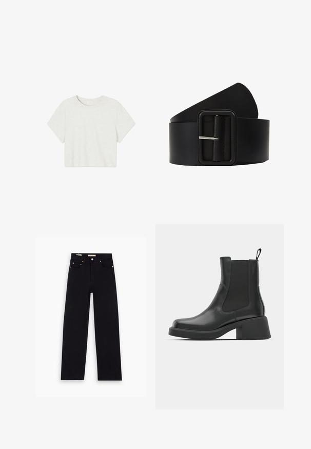 Effen lichtgrijs kort mouw crop top T-shirt met ronde hals, plat gelegd op een witte achtergrond.; Zwarte denim jeans met een recht model, vijf zakken, koperen hardware en een gladde textuur. Twee labels zichtbaar op de tailleband.; Zwarte leren enkellaarsjes met elastische zijpanelen, ronde neus en een stevige blokhak. Gladde textuur met een minimalistisch ontwerp.; Zwarte leren riem met een rechthoekige zilveren gesp, een gladde textuur en een taps toelopend einde. Het ontwerp is eenvoudig en functioneel.