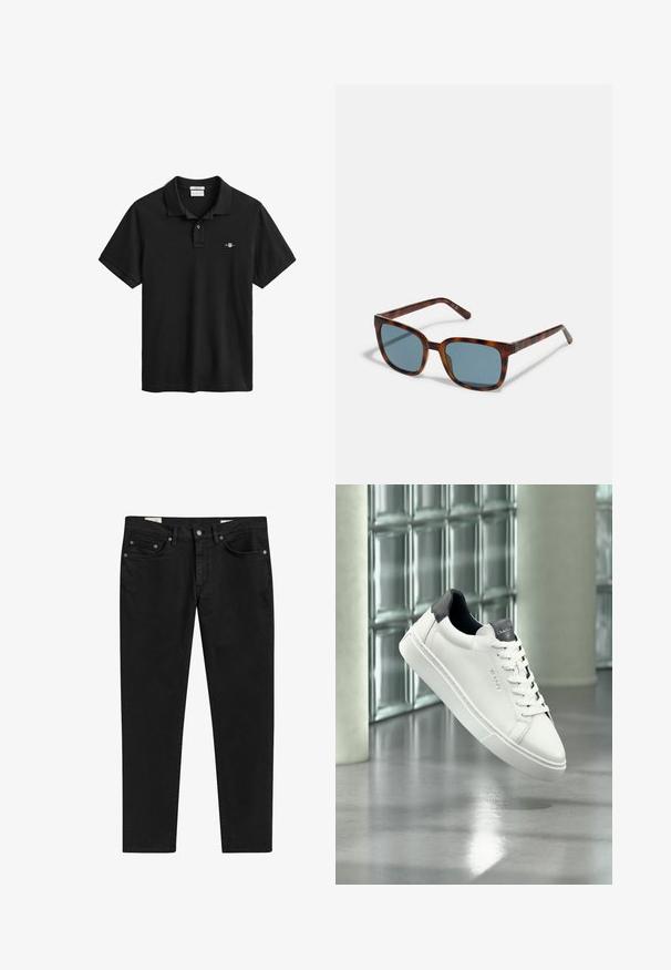 Sort polo i bomuld med to-knaps stolpelukning, korte ærmer og et lille broderet logo på venstre bryst.; Sorte denim jeans med slim fit, der har fem lommer, metalhardware og diskrete syningsdetaljer. Glat tekstur, lige bendesign.; Hvid læder sneaker med sort hæl og tunge, snøredesign, GANT branding på siden og tungen, vist i moderne indendørs miljø.; Guess Solbriller - blonde havana