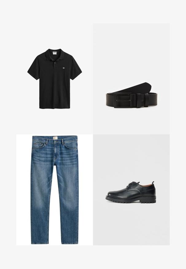 Polo noir en coton, avec une patte de boutonnage à deux boutons, des manches courtes et un petit logo brodé sur le côté gauche de la poitrine.; Jeans en denim bleu à coupe droite, featuring cinq poches, une fermeture à bouton et un léger dégradé sur le tissu pour ajouter de la texture.; Chaussures derby en cuir noir avec une texture lisse, bout rond, design à lacets et une semelle en caoutchouc épaisse et robuste.; Ceinture en cuir noir roulée avec une boucle en métal rectangulaire noir mat et deux passants sur fond blanc.